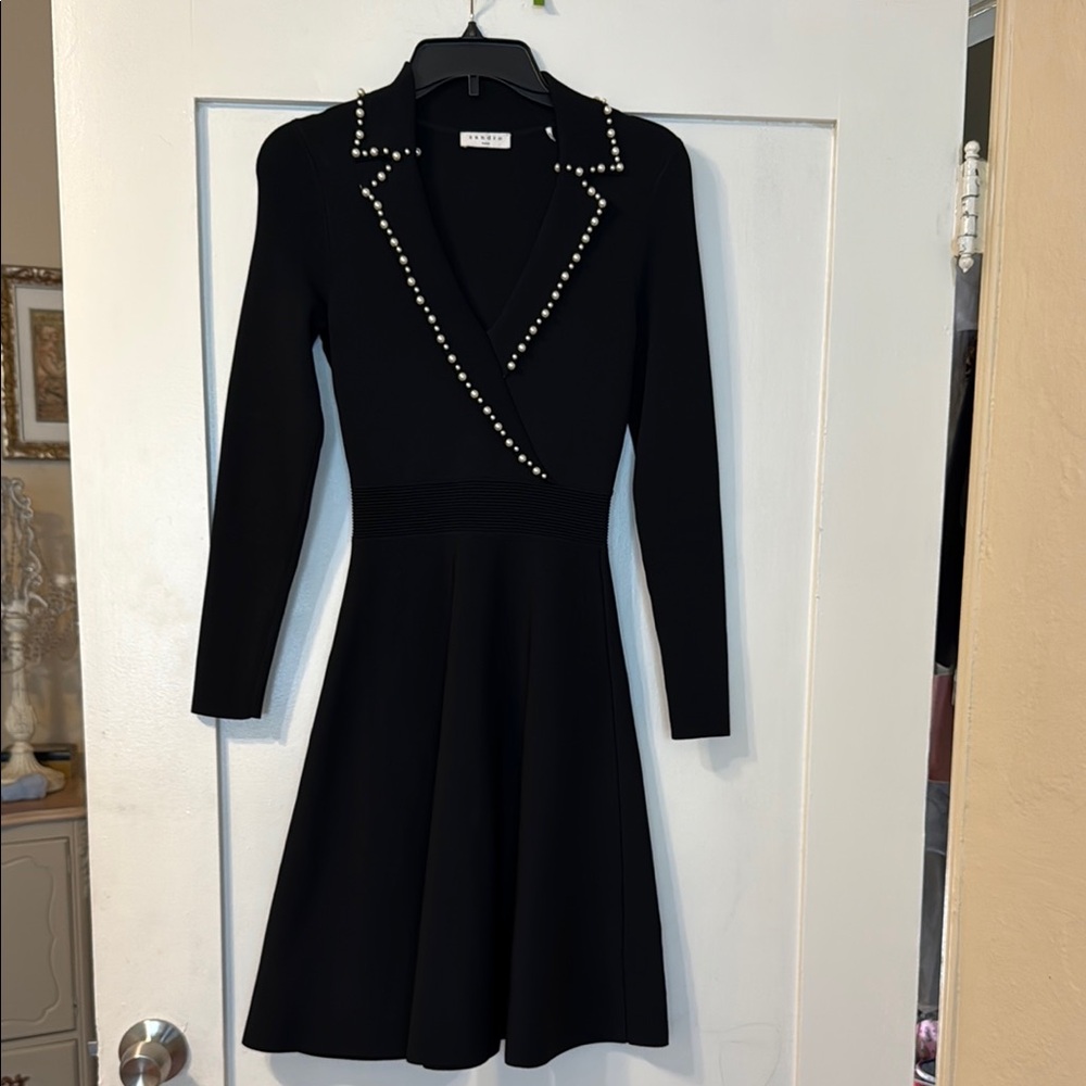 Sandro Elegant Black Dress with Pearl Accents